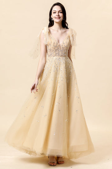 Vestido de Graduación Con Cuentas Amarillo A Línea
